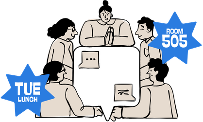 Students sitting around a table sharing ideas in a speech bubble